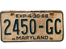 Vintage Maryland License Plate Tag White With Blue Lettering 4-30-68 Exp picture