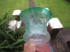 SUPERB ANTIQUE VERITAS  TULIP GREEN ACID ETCHED DUPLEX OIL LAMP SHADE picture