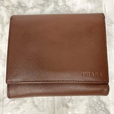 PRADA Women Accessories Saffiano Leather Trifold Wallet W Hook Brown VHTF Design picture