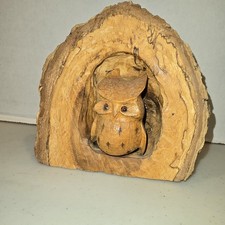 Vintage Hand Carved Wood Owl Figure Statue Folk Art Sculpture Signed #ed Dated picture