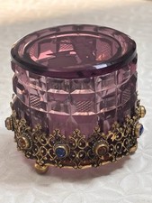 ANTQ ART DECO JEWELED GILT BRASS CUT GLASS COVERED RING JAR CUPID INTAGLIO 1930s picture