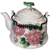 Fun Vtg Rubens Originals Teapot Los Angeles/Japan, #2153, Basketweave Pink Roses picture