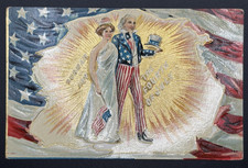 Antique July 4th Postcard Uncle Sam Lady Liberty Embossed Gold Patriotic c1910 picture