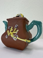 Vintage Chinese Terracotta Teapot Bamboo Spout Handle Plum Blossom Prunus Clay  picture