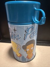 Vintage The Simpsons Pin Pals Thermos Travel Mug Homer Apu Burns Bowling Blue picture
