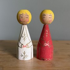 VTG Danish Handmade Hand Painted Wooden Candle Holder Figurines 4.5” Set of 2  picture