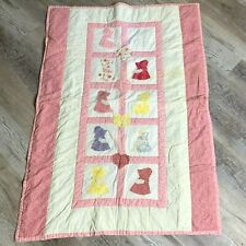 Vintage Handmade Sun Bonnet Girl Crib Quilt Pink White Applique Blanket 34 x 47 picture