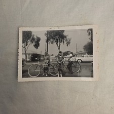 Vintage 1959 B&W Snapshot Photo Kids with Bicycles 1950s Car Deckle Edge 3.5x5 picture