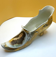 Vintage Hand Painted Porcelain Slipper Shoe Trinket Dish w/ Portrait, White/Gold picture