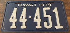 1939 Hawaii Vintage License Plate 44-451 Professionally Restored Pre-War Good # picture