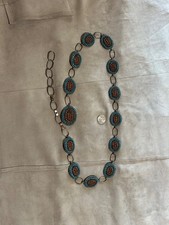 A Beautiful Silver, Coral & Turquoise 42 inch Navajo Belt Signed BY- Ben Yazzie picture