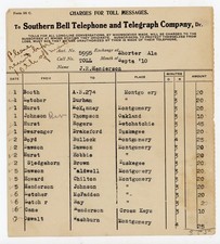 1910 Southern Bell Telephone Toll Bill Form – Alabama Long Distance Calls Epheme picture