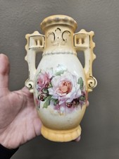 Antique Art Nouveau Austrian Porcelain Vase Hand Painted Cabbage Roses Gilt 7