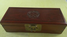Antique Chinese Rosewood Jewelry Box Dovetail Shou Carved Silk Lined picture