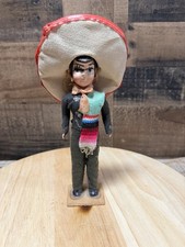 Vintage Mexican Souvenir Doll 8.5” Sombrero Serape Hand Painted Folk Art picture