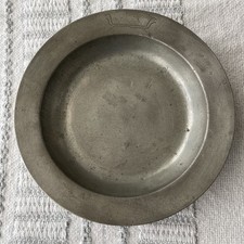 Antique Pewter 9” Rimmed Bowl with Wiggle Work on Edge & 3 Makers Marks on Back picture