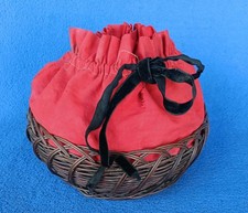 Antique Hand Woven Wicker Sewing Knitting Basket Round w/Cloth Drawstring Top picture