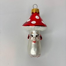 New Mercury Glass Red Lucky Mushroom w/ Face, Vintage Look Glass German Ornament picture