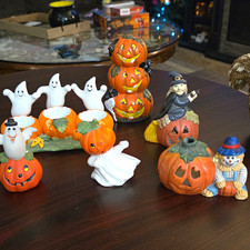 Vintage Halloween Painted Figurines Lot Ghost Witch Scarecrow Jack-O-Lantern picture