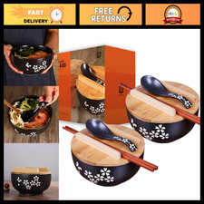 Vintage Japanese Ramen Bowl Set with Lid - Black Ceramic Soup & Salad Bowls (2pc picture