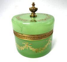 Antique 1880 French Opaline Green Gold  Round Bronze Mount & Finial Dresser Box picture