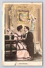c1906 RPPC French Hand Colored Portrait of Man & Woman Kissing ABC Postcard picture