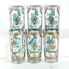 6 MCM Fred Press Trojan T’ang Horse Highball Glasses 22k Gold Turquoise Barware picture
