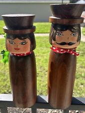Vintage Wooden Candle Pillar Holders Hipster Man and Woman Folk Art Unique  picture