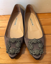 Manolo Blahnik Hangesi Gray Satin Pointed Toe Flats Rhinestone Buckle 7.5 picture