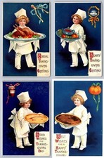 Set of 4 Clapsaddle Thanksgiving Little Chefs~Pies~Turkey~Food~Postcards Lot picture