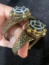 2Pcs Tibetan Brass Inlay Dragon Vein Agate Dzi *Wealth* Bead Bangle Bracelets picture