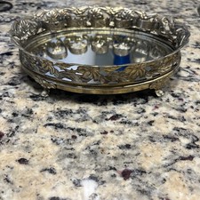 Vintage Gold Tone Floral 5 Lipstick Holder Perfume Mirrored Tray  7” X 5.5” picture
