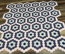 Vintage hand pieced sewn grandmothers garden quilt top in rose pink ,blue 88x93