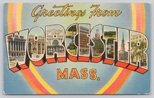 Greetings From Worcester MA Large Letter Linen Postcard Tichnor Brothers picture
