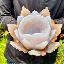 1.5LB  Natural Banded Agate Hand-Carved Lotus Pendant Healing Crystal Ornament G picture