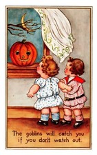 Vintage Whitney Adorable Scared Girl & Boy, JOL,Pumpkin, Moon Halloween Postcard picture