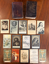 Christianity Lot: 2 VTG Leather 4” Prayer Books & 14 Holy Cards picture