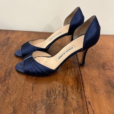 MANOLO BLAHNIK d’Orsay Navy Blue Satin Silver Pumps 37.5 Wedding, Authentic picture