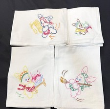 Vintage Hand Embroidered Flour Sack Towels Playful Anthropomorphic Bunny Designs picture