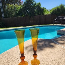 PAIR Vintage 18.5” MCM Italian Amber Glass Trumpet Vases Hand Blown Floor Set picture