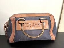 Authentic Chloe Boston Bag Blue Khaki Denim Leather Satchel picture