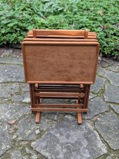 Goodwood Vtg MCM Teak TV Trays Set Of Four W/Stand Oak Wood  picture