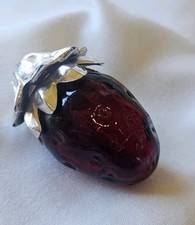 Vintage Avon Strawberry Shaped Red Glass Perfume Bottle Silver Tone Cap Empty  picture