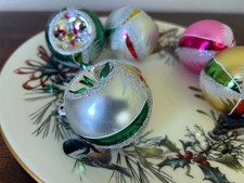 Bradford VINTAGE GLASS CHRISTMAS ORNAMENTS Indents, Pink, Green, Gold, Red picture