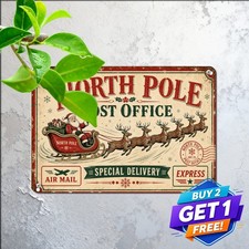 Santa Mail Delivery Reindeer Sleigh Christmas Plaque Metal Tin Sign 8x12 picture