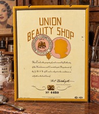 vintage Union Beauty Shop display card Sign Hairdressers and Cosmetologists Rare picture