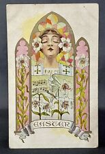Art Nouveau | Easter Greeting | Young Woman Praying In Pastel Mosaic Postcard picture