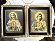 Vintage Framed Sacred Heart of Jesus & Immaculate Heart of Mary Pair 19”x15” picture