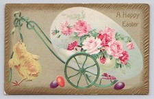 Happy Easter Chick Pulling Egg Cart High Heel Shoe with Roses Postcard picture