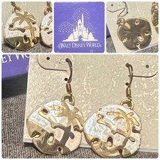VINTAGE Disney World Gold Sand Dollar EARRINGS Beach Palm Trees 90s WDW NEW NWT picture